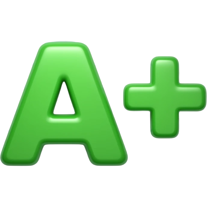 iOS emoji style, glossy 3D emoji, a homework sheet, clean white paper with "A+" grade in bright green, soft rounded shapes, vibrant colors, subtle shadows, Apple emoji design style, minimalistic, high detail, smooth shading, centered composition, no background emoji