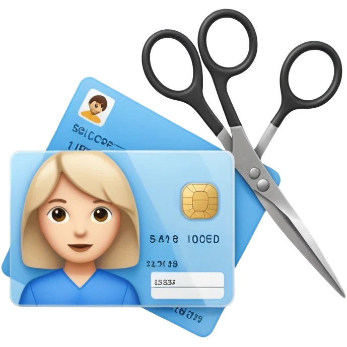 Scissors cutting ID card in 2 parts. Realistic emoji