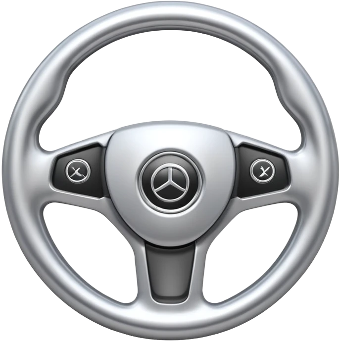 A futuristic steering wheel emoji made of silver chrome, minimal geometric design, smooth metallic surface, soft reflections, iOS emoji style, centered, clean white background emoji
