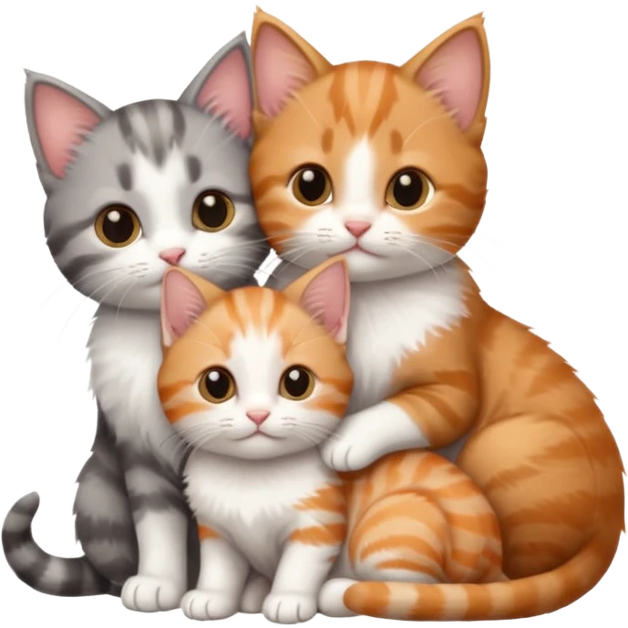 6 tiny kittens cuddling together all different colours, the first one is grey and white, the second is ginger and white and the third is brown tabby and white emoji