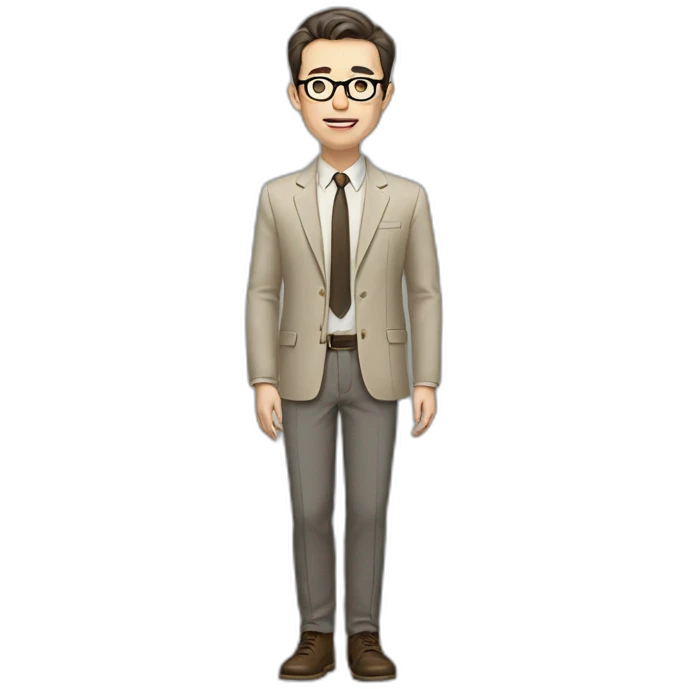 Full height Actively Gesturing Pale skinned fit man with dark brown hair in gray jacket, beige office shirt, brown tie, brown pants and vintage glasses. emoji