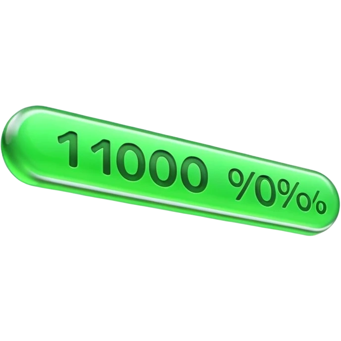 A 3D emoji of a horizontal progress bar filled 100% with bright green color, "100%" text floating above, sleek glass morphism style, professional UI design, white background. emoji