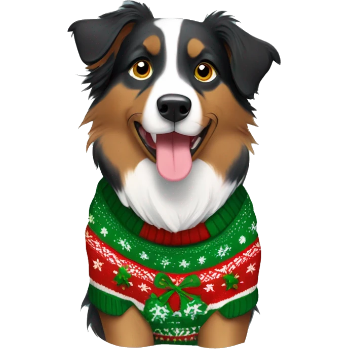 Short haired Australian Shepherd Wearing Christmas sweater  emoji