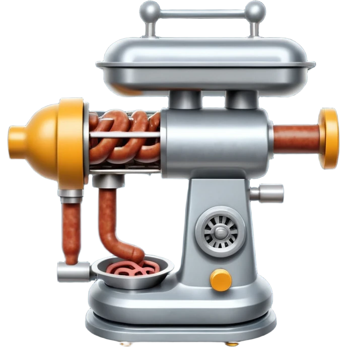 sausage-processing droid. retro-futuristic style. top is a circular industrial meat grinder with rotating gears and blades. Two robotic arms feed material into grinder. Sausage links extrude from the rear like  factory. The body is metallic, compact, and floats above the ground.no legs. Dark humor emoji