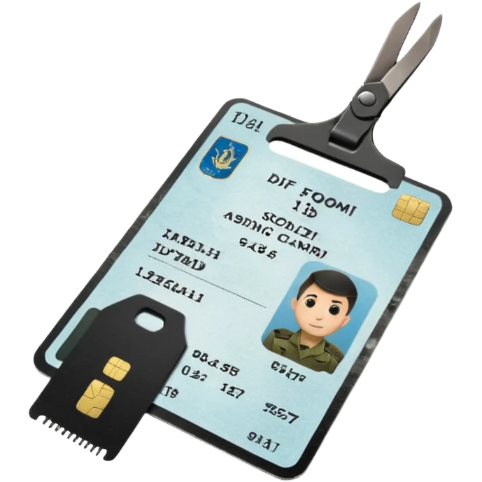 Floating black Scissors cutting in half an idf soldier ID card with a little chip in 2 parts emoji