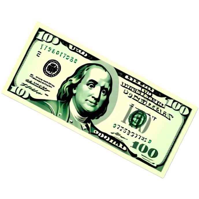 3D realistic US 100 dollar bill sticker, slight perspective, centered, clean cutout, transparent background, no text, no watermark emoji
