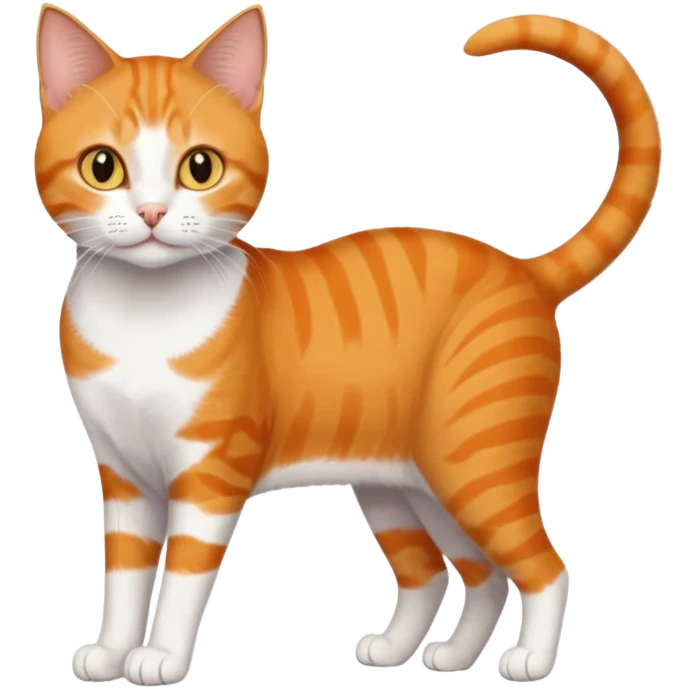 full body orange domestic shorthair slim cat with yellow/orange eyes paw being white and the other being half emoji