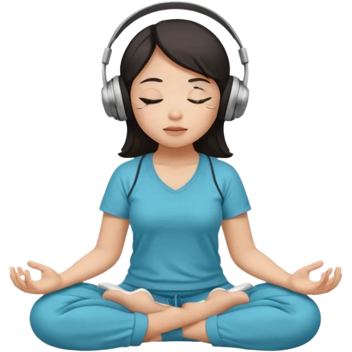 An East Asian woman🧘🏻‍♀️ is sitting cross-legged in a meditation pose, wearing Apple headphones🎧 and listening to music. The song is so beautiful that she has her eyes closed and tears streaming down her face. emoji