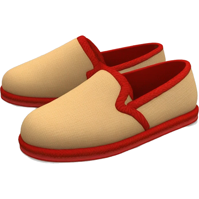 Camel colored slip-on slippers. That has a Very thin red woven zig-zag trim on the cuff and a red small heel pull tab, and a  very thick camel colored platform sole. emoji