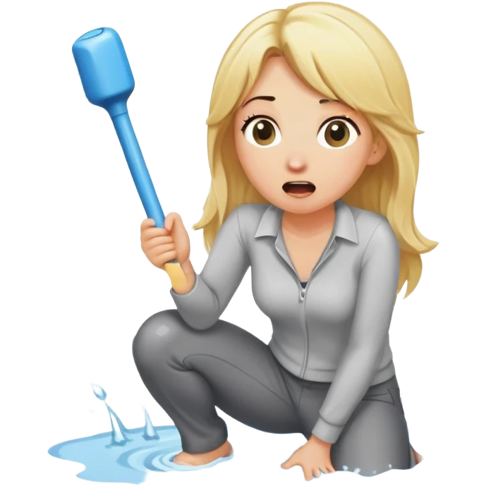 simple blond woman kneeling, surprised, big cartoon stick with D-shaped knob emerging from hanging pants, water splash into her mouth emoji