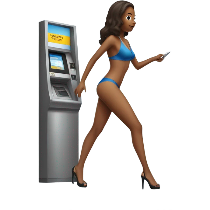 Girl in swimming suit and platform heels waiting for a man who’s using an ATM emoji