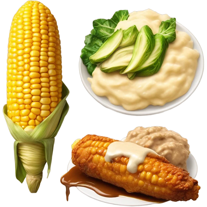 corn on the cob, chicken and  smothered chicken mashed potatoes and gravy, roasted brussel sprouts  emoji