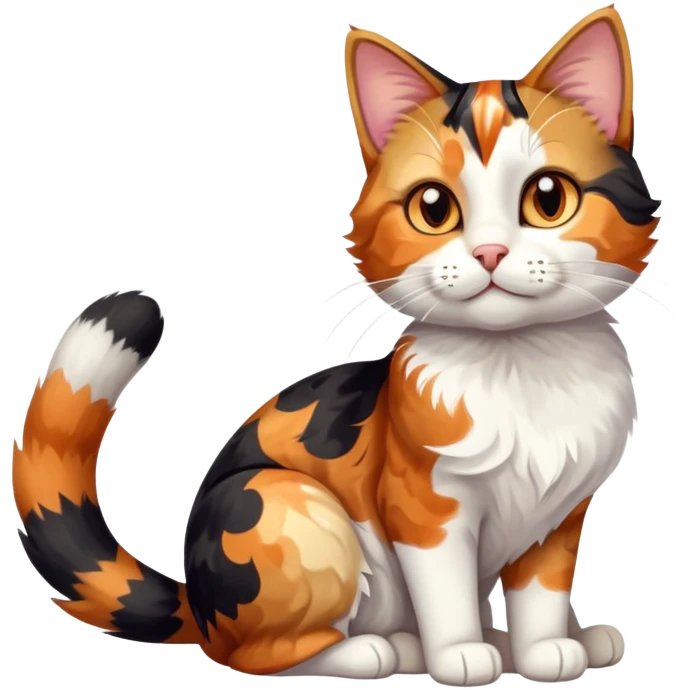 cinematic-[calico tabby cat]-realistic-full-body-sitting-emoji,-tail-curled-playfully-around-its-paws, cinematic-cute-calico-cat-portrait-emoji,-head-tilted-playfully-with-sparkling,-inquisitive-eyes-and-a-charming-patchwork-fur-of-orange,-black,-and-white,-simplified-yet-irresistibly-adorable,-highly-detailed,-glowing-with-a-warm,-invit (3) emoji