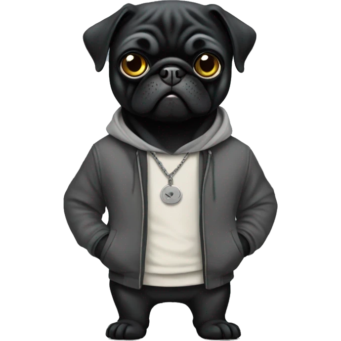 A black pug wearing clothes like a thug emoji
