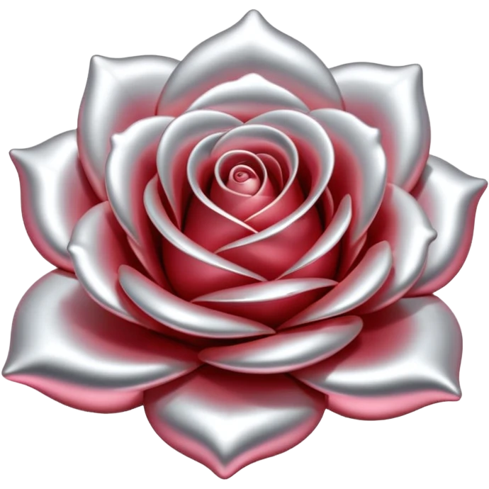 A rose emoji made of liquid silver metal, smooth metallic petals, reflective chrome surface, soft gradients, elegant shape, minimalistic iOS emoji style, centered, clean white background, realistic highlights, no text emoji