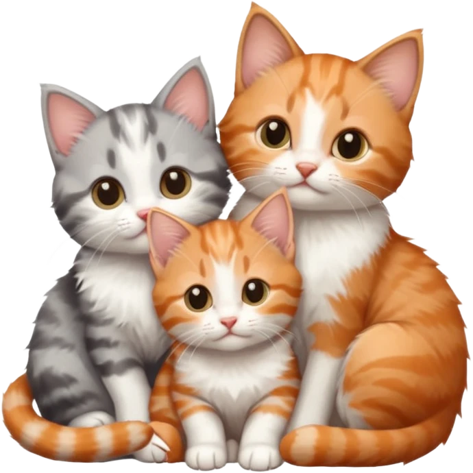 3 tiny kittens cuddling together all different colours, the first one is grey and white, the second is ginger and white and the third is brown tabby and white emoji