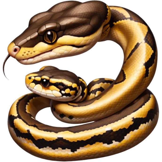 A photo-realistic digital illustration of a Ball Python, large headshot portrait. The snake has a short, rounded snout and smooth, soft contours, with a gentle, inquisitive expression that gives it a slightly playful charm. Its head is warm brown with bold, irregular dark markings. emoji