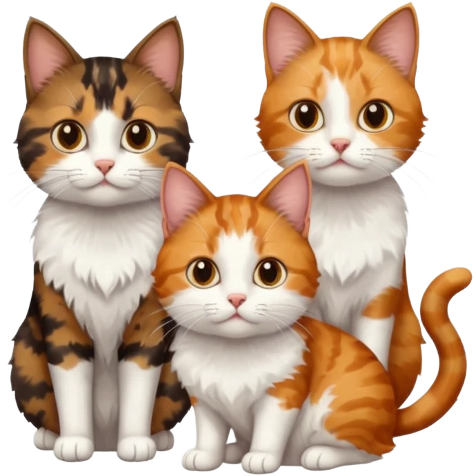 3 different coloured small cats including a dark brown tabby and white, a patchy calico, and a ginger and white emoji