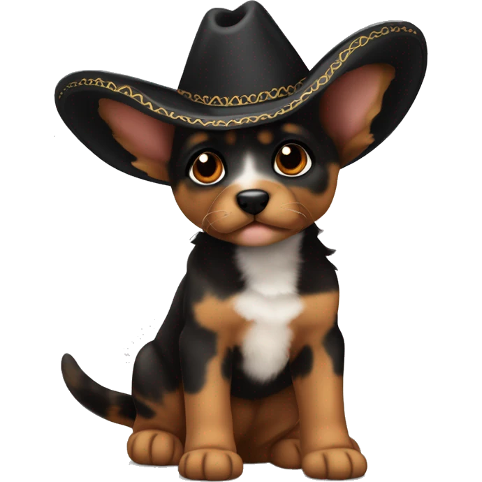 A black and brown tortoiseshell pointy ear puppy without white with pointy ears and short fur wearing a sombrero  emoji