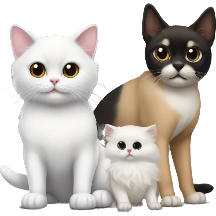 white cat next to sable spitz and black petit brabancon emoji