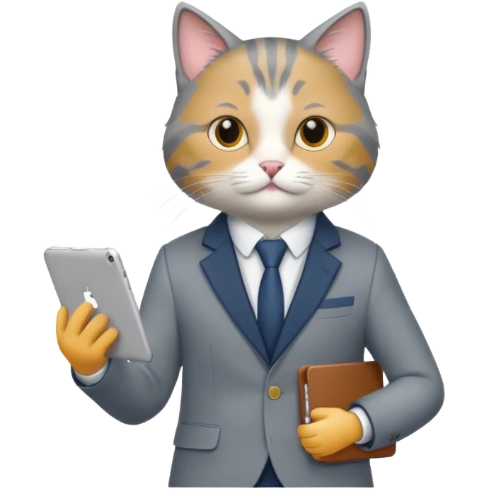 teacher cat tech smart appearance gray cat in blazer with ipad  emoji