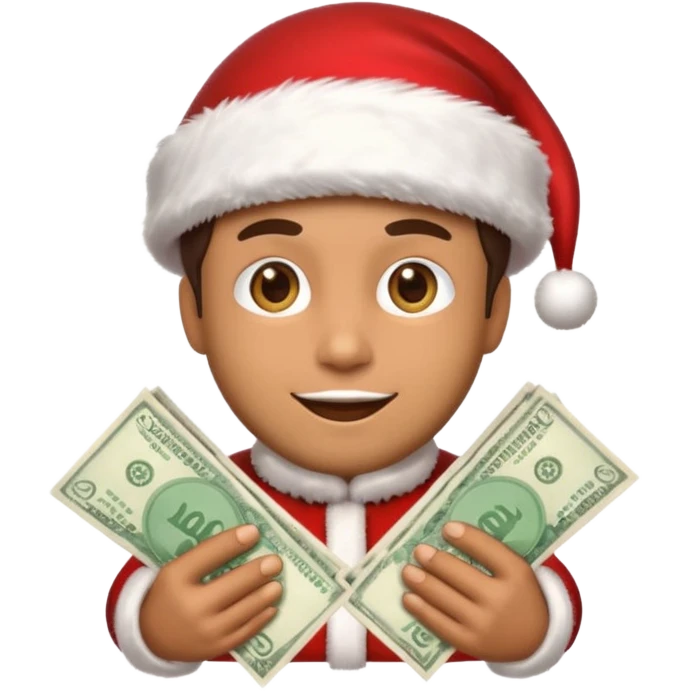 A confident rich emoji face wearing a Santa hat, money stacks, casino vibe, New Year theme, premium 3D emoji style, sharp details, no text, isolated on transparent background emoji