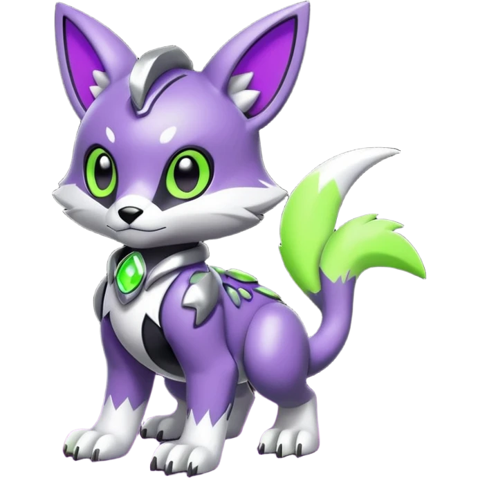 Futuristic modern Cute cool shiny metallic alloy silver-grey-black-obsidian purple neon-green white lime animal hybrid Fakemon full body emoji