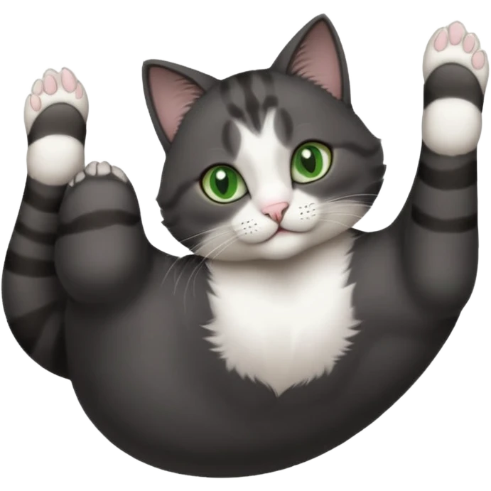 beautiful female solid dark grey cat with green eyes, white toes/paws and white patch on her chest rolling upside down emoji