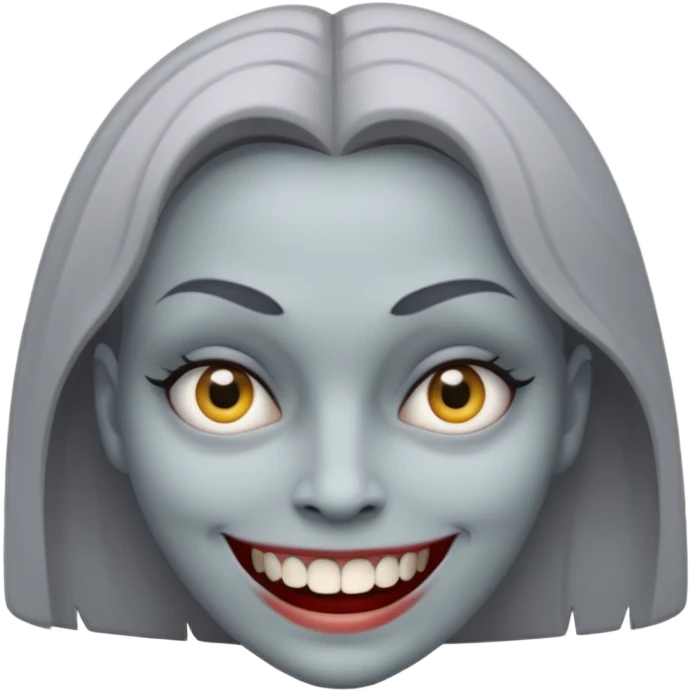 woman with gray skin and white blank eyes and a scary smile emoji