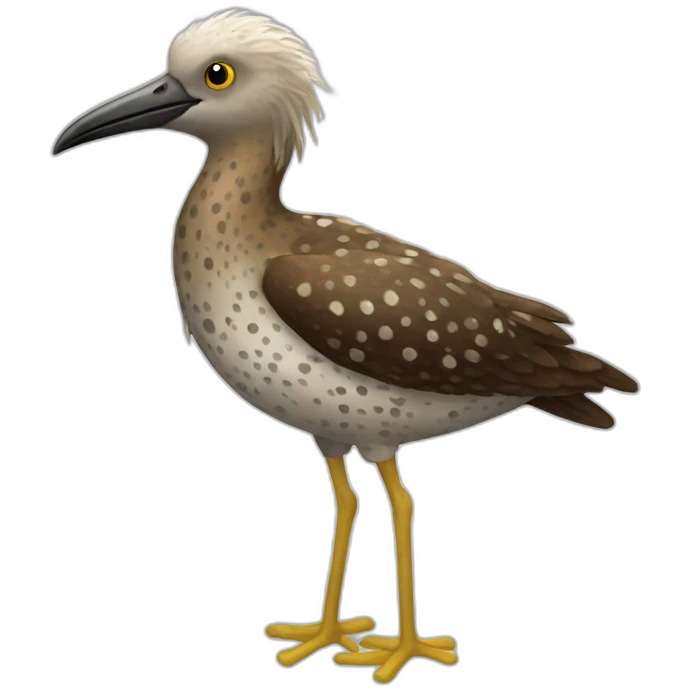 fluffy brown speckled sea bird with white spots and long legs and yellow beak emoji