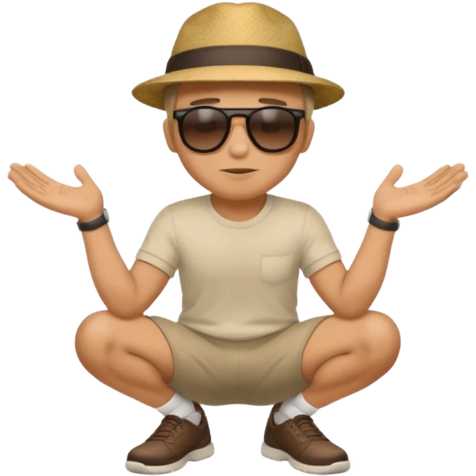 A man squatting down and holdig his hand flat a bit above the ground emoji