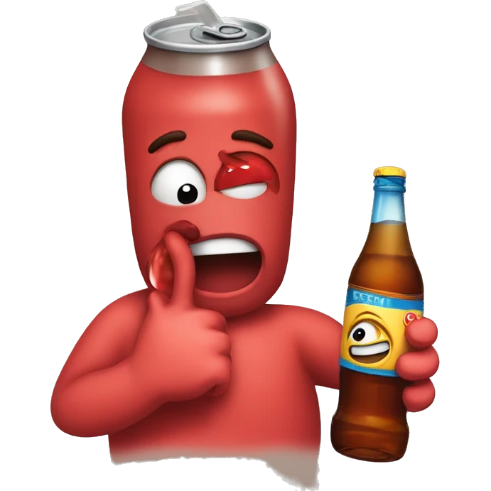 A red ❤️ emoji with eyes, a mouth, and hands, looking tipsy, holding a drink bottle, with a playful, drunken expression emoji