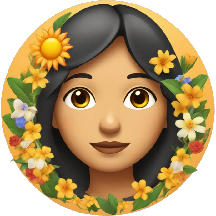 Latino woman's face inside a circle with a moon, flowers, and a sun in a line along the bottom of the circle. emoji