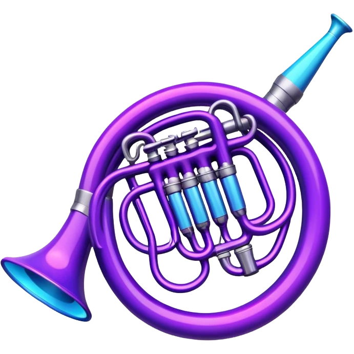 musical horn instrument with neon glow effect, blue neon glow on top left, purple neon glow on bottom right emoji