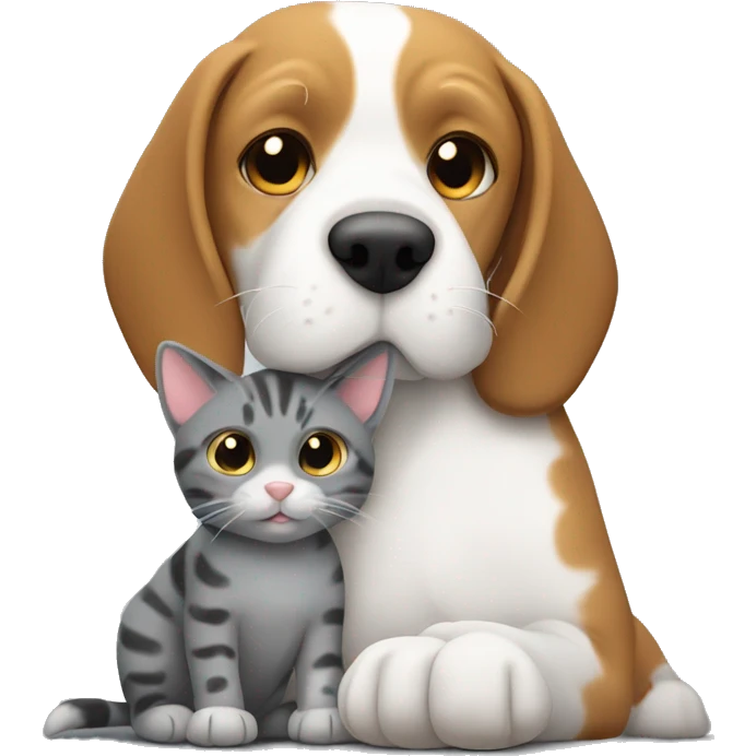Beagle snuggling with fluffy grey cat emoji
