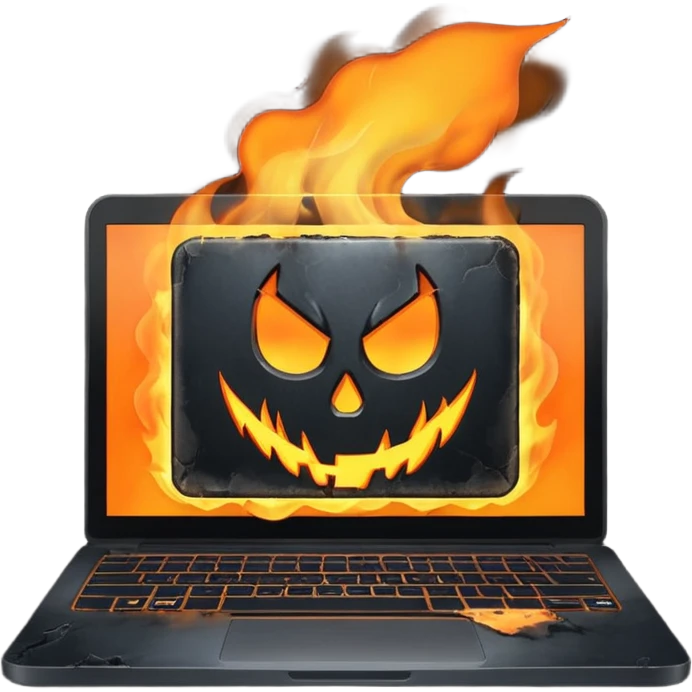  burning laptop with "malwarebytes" logo emoji