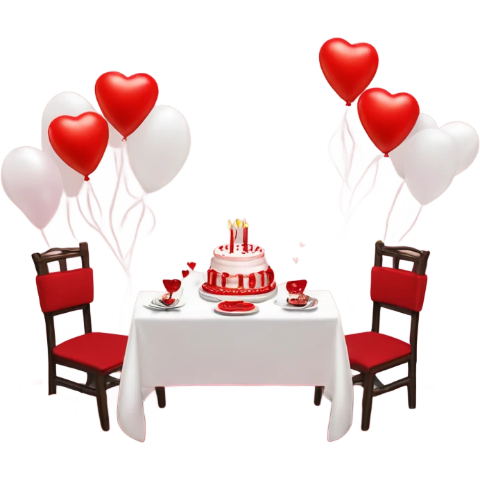 Red romantic party setting for two people and heart balloon  table with white cloth and candle with bows on the table and white Korean cake emoji