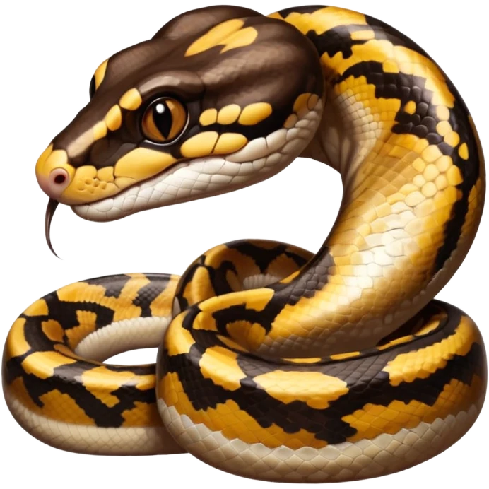 A photo-realistic digital illustration of a Ball Python, large headshot portrait. The snake has a short, rounded snout and smooth, soft contours, with a gentle, inquisitive expression that gives it a slightly playful charm. Its head is warm brown with bold, irregular dark markings. emoji