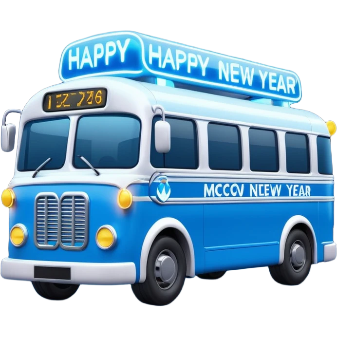3D emoji of a modern blue
Moscow Electrobus decorated with glowing neon Christmas lights and a
"Happy New Year" digital sign on the front. Stylized 3D model, glossy finish, cute proportions, vibrant blue color, isolated on a white background. emoji
