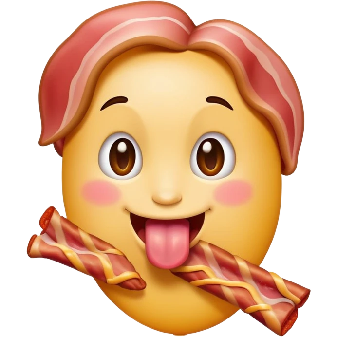 tongue out emoji holding a bacon strip, playful pose emoji