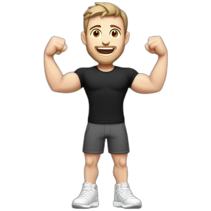 Joyful Celebrating victory Pale skinned Fit Man With the biceps and dark brown hair in black shirt, gray sports shorts and white Sneakers emoji