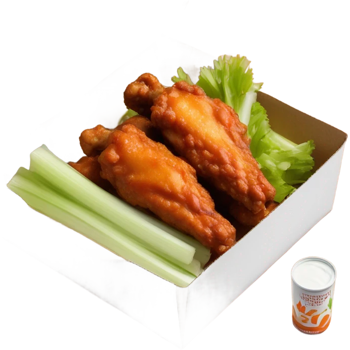 hot wings with celery carrots with ranch on the side in takeout box ￼￼ emoji