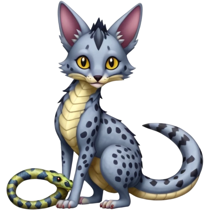 Flurry furry colorful dark edgy gloomy dusky scaly sergal-serval-possum-sphynx-Koi-sergal-fusion-animal-hybrid-creature with a snake-tail emoji