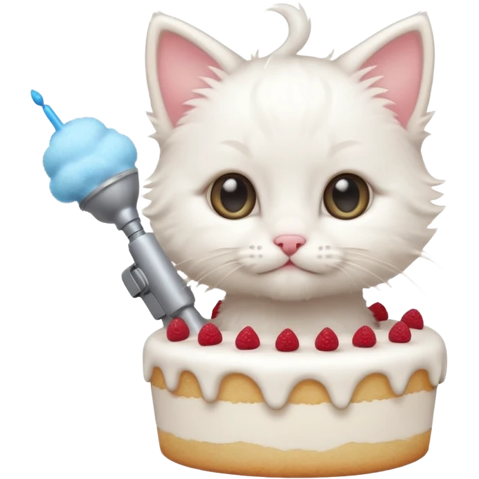 реалистичный белый котенок стреляющий из пороховой пушки тортиком emoji