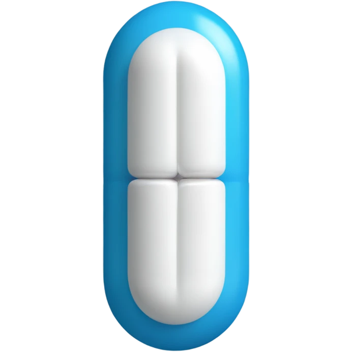 A one capsule-shaped pill, positioned at an angle.: one half is blue, and the other half is white. emoji