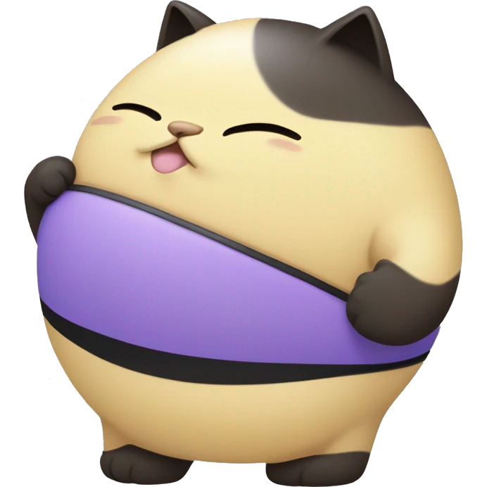 a 300 thousand kilogram weighting human kitty, with fur coloured one side light yellow and the other side light purple wearing black with blue stripe bikini being immobile, and grumpily happy while touching her massive belly on the floor emoji