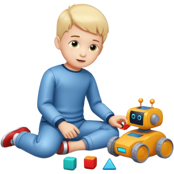 Little boy playing with toy robot on the floor emoji