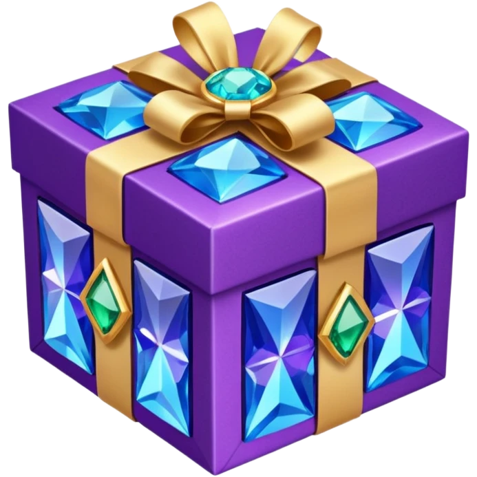 gift box . The square box displays vibrant purple panels with shimmering blue accents and intricate metallic detailing along its borders. Embed decorative gemstones and crystals at each corner for added visual interest. emoji