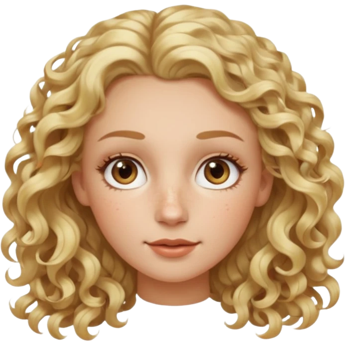 Blond curly hair white women, oval shape face hazel eyes long lashes little bit of freckles high cheek bones emoji