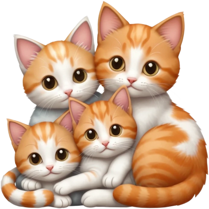 3 tiny kittens cuddling together all different colours, the first one is grey and white, the second is ginger and white and the third is brown tabby and white emoji